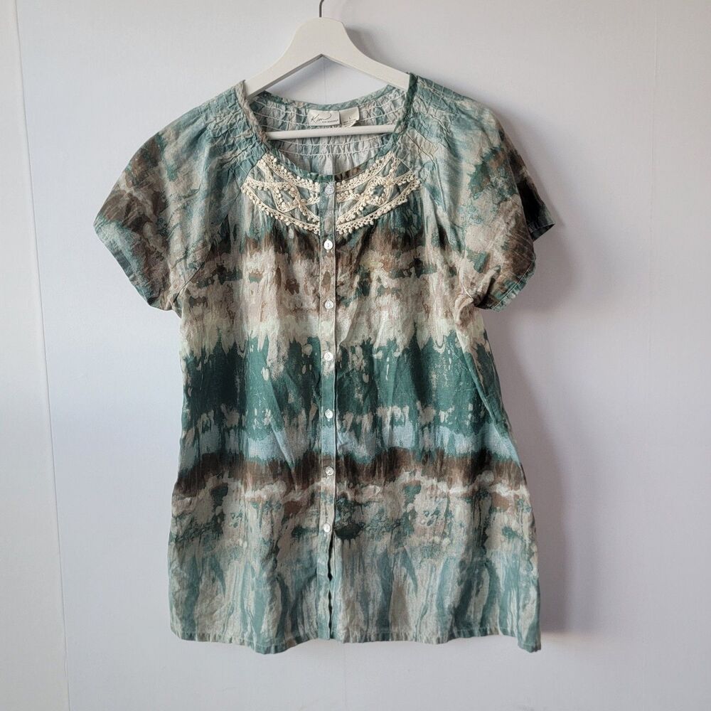 kim rogers womens tie-dyed lace-trimmed neckline top sz L button up short-sleeve